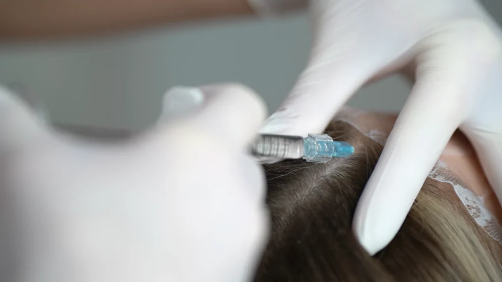 Iniekcja DR CYJ Hair Filler w skórę głowy podczas zabiegu w PRIVE Beauty & Hair w Gdańsku