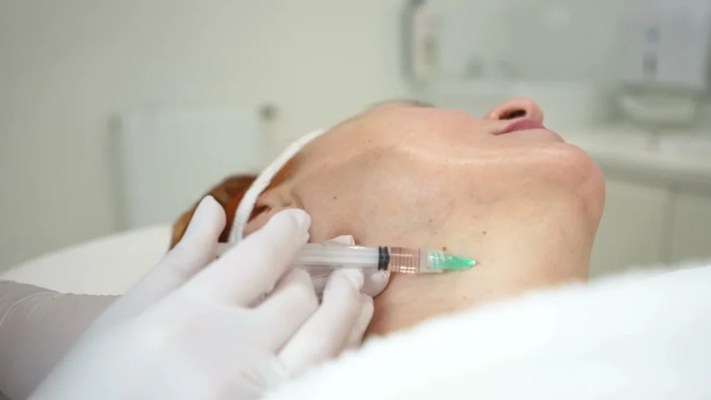 Iniekcja preparatu w skórę twarzy podczas mezoterapii igłowej w PRIVE Beauty & Hair w Gdańsku