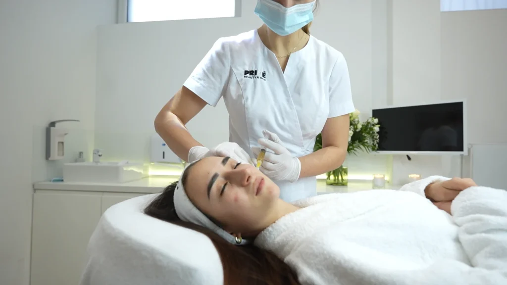 Kosmetolożka wykonuje zabieg osoczem bogatopłytkowym na twarzy w PRIVE Beauty & Hair w Gdańsku