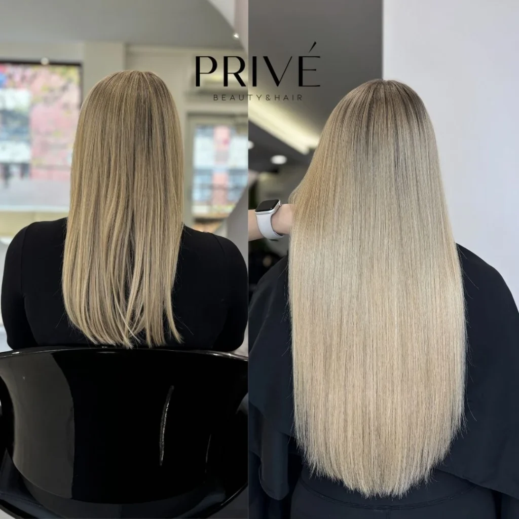 Przedłużanie włosów – długie i gęste włosy przed i po w PRIVE Beauty & Hair Gdańsk