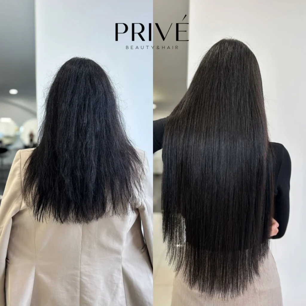 Przedłużanie włosów – długie i gęste włosy przed i po w PRIVE Beauty & Hair Gdańsk