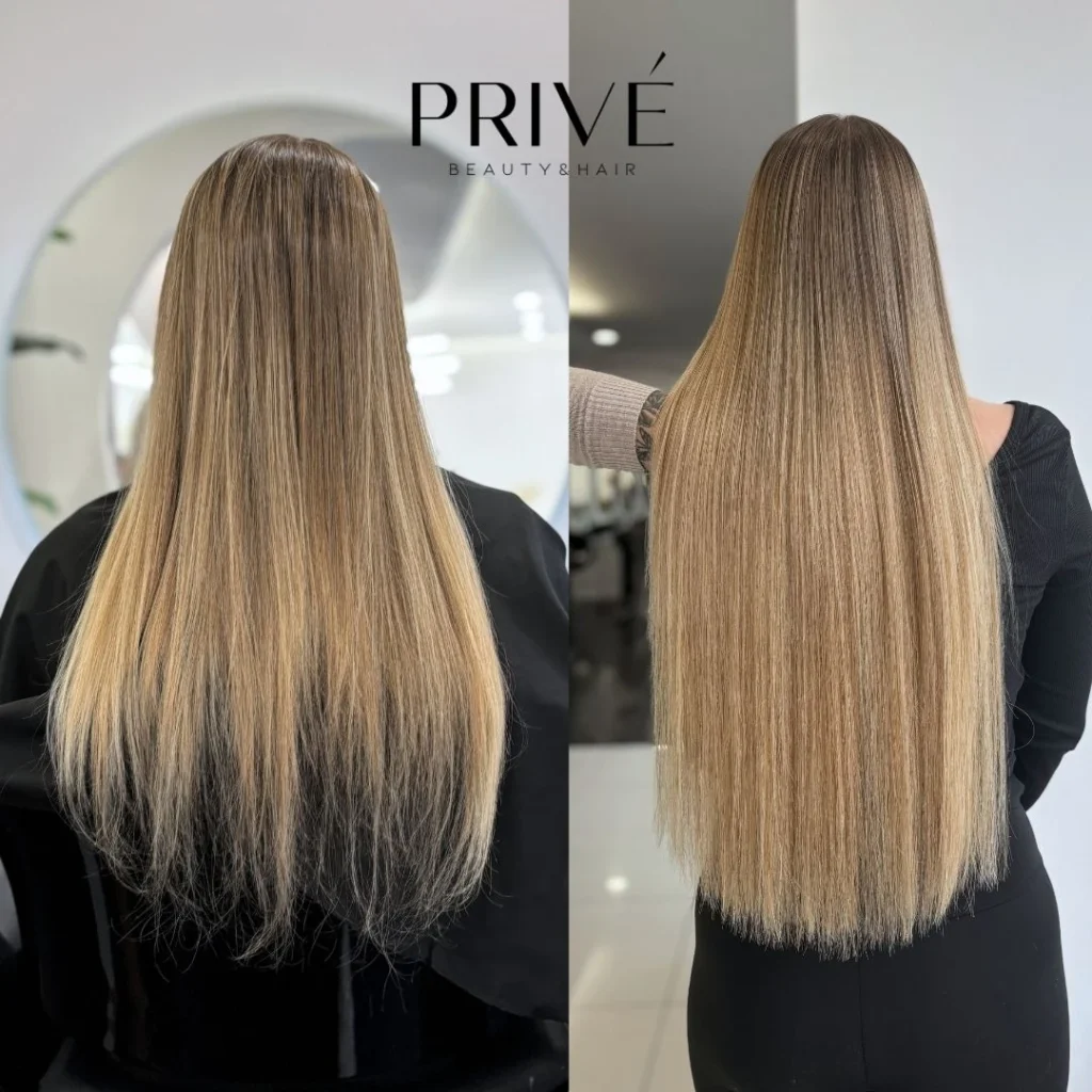 Przedłużanie włosów – długie i gęste włosy przed i po w PRIVE Beauty & Hair Gdańsk