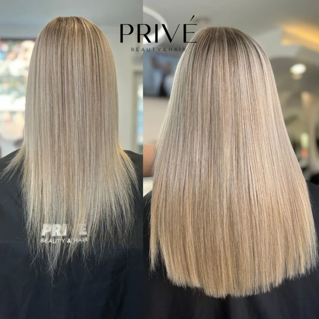 Przedłużanie włosów – długie i gęste włosy przed i po w PRIVE Beauty & Hair Gdańsk