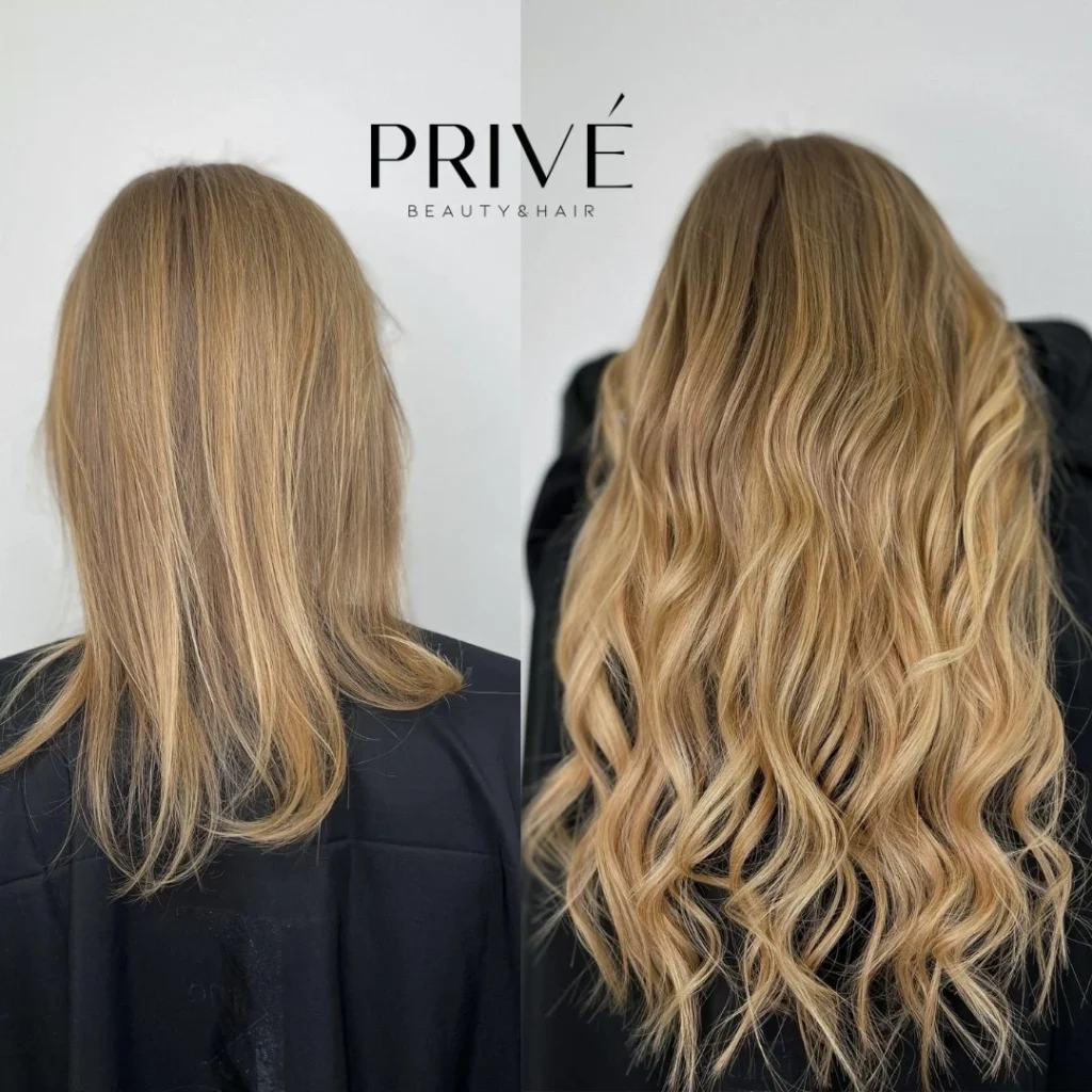 Przedłużanie włosów – długie i gęste włosy przed i po w PRIVE Beauty & Hair Gdańsk