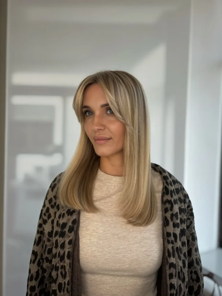 Beżowy blond na gładkim cięciu typu long bob