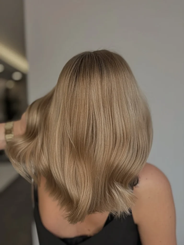 Krótki blond bob ułożony w miękkie objętościowe fale