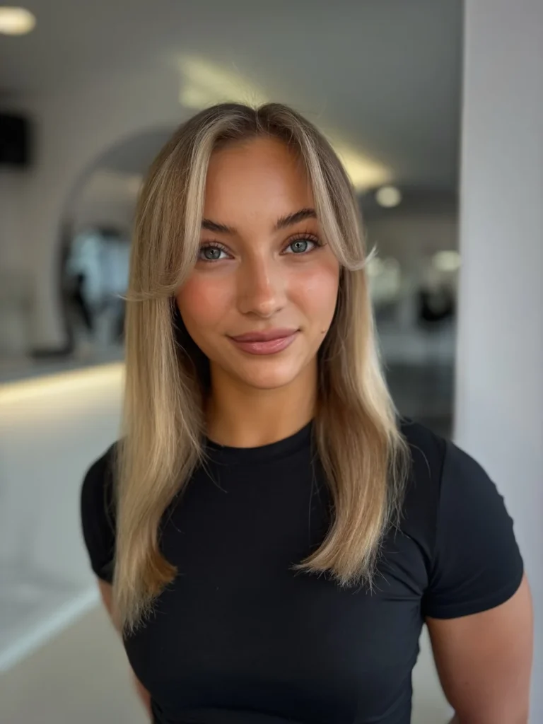 Blond do ramion z rozjaśnionymi pasmami przy twarzy