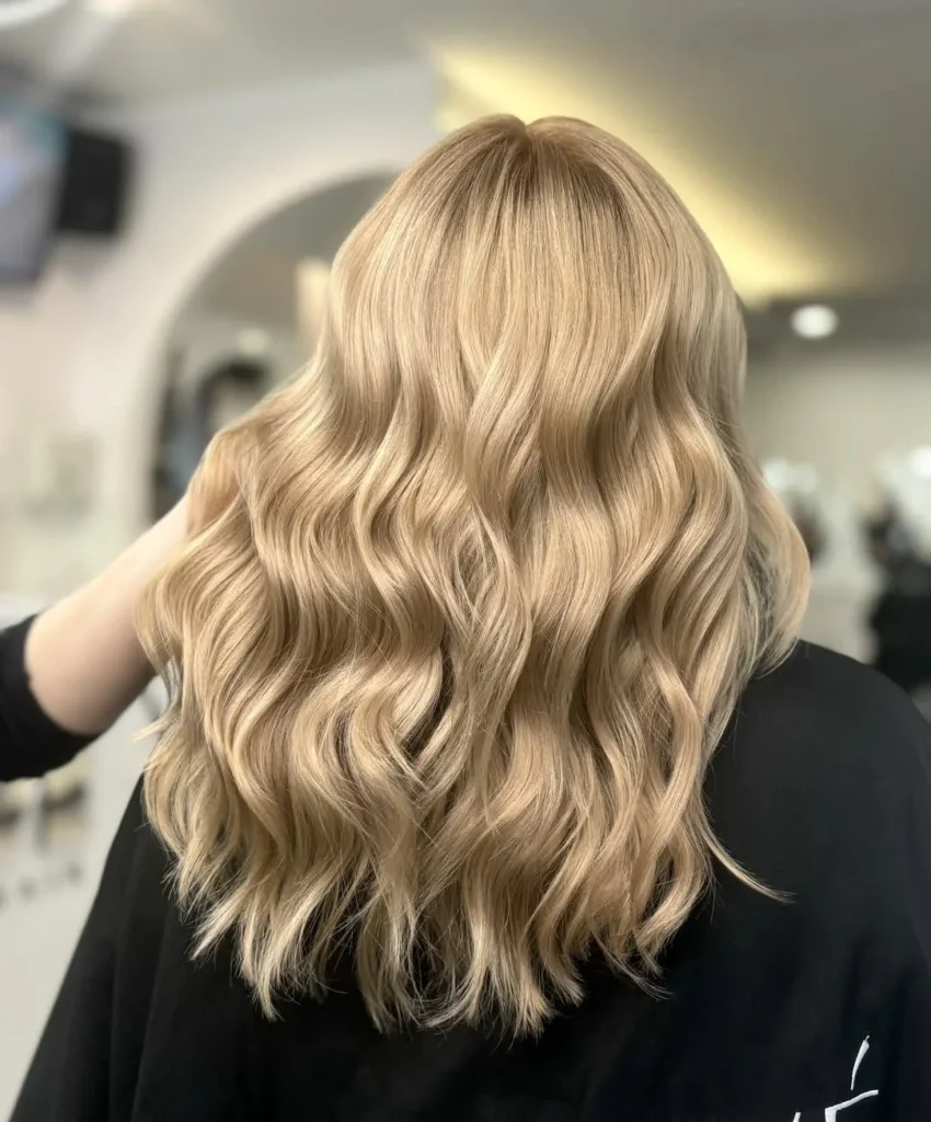 Ciepły blond na włosach średniej długości ułożonych w fale