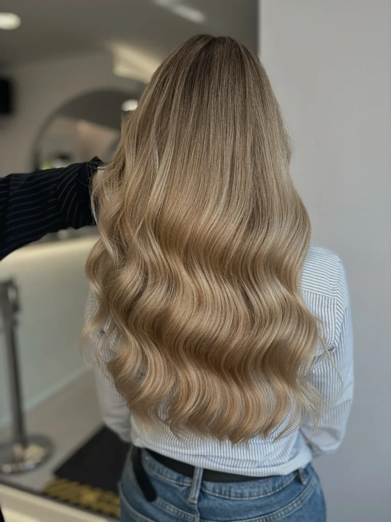Bardzo długie blond włosy z jasnymi refleksami i regularnymi falami