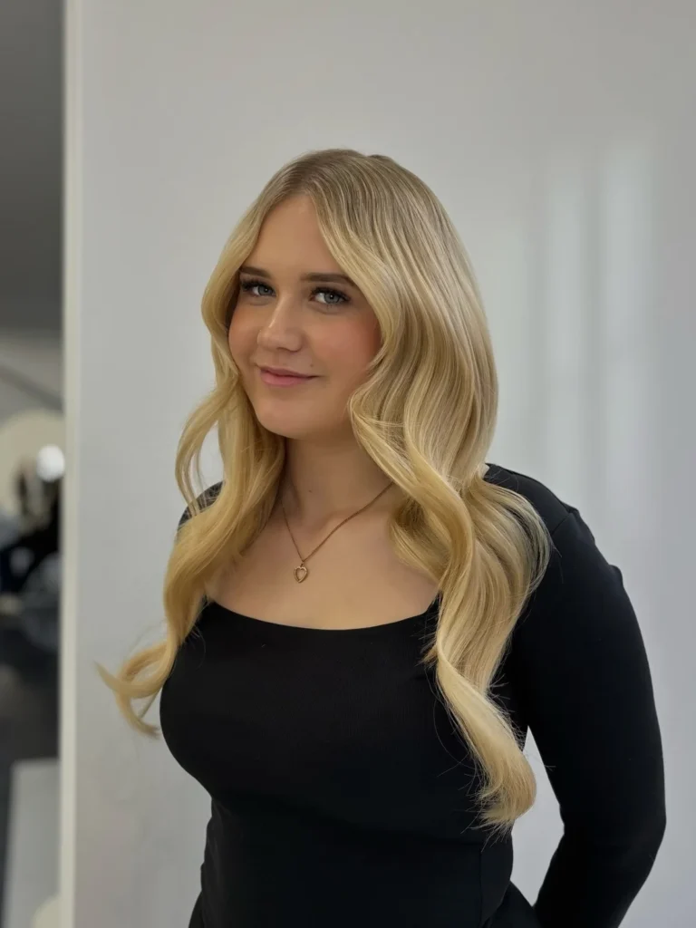 Długie jasne blond włosy ułożone w luźne fale