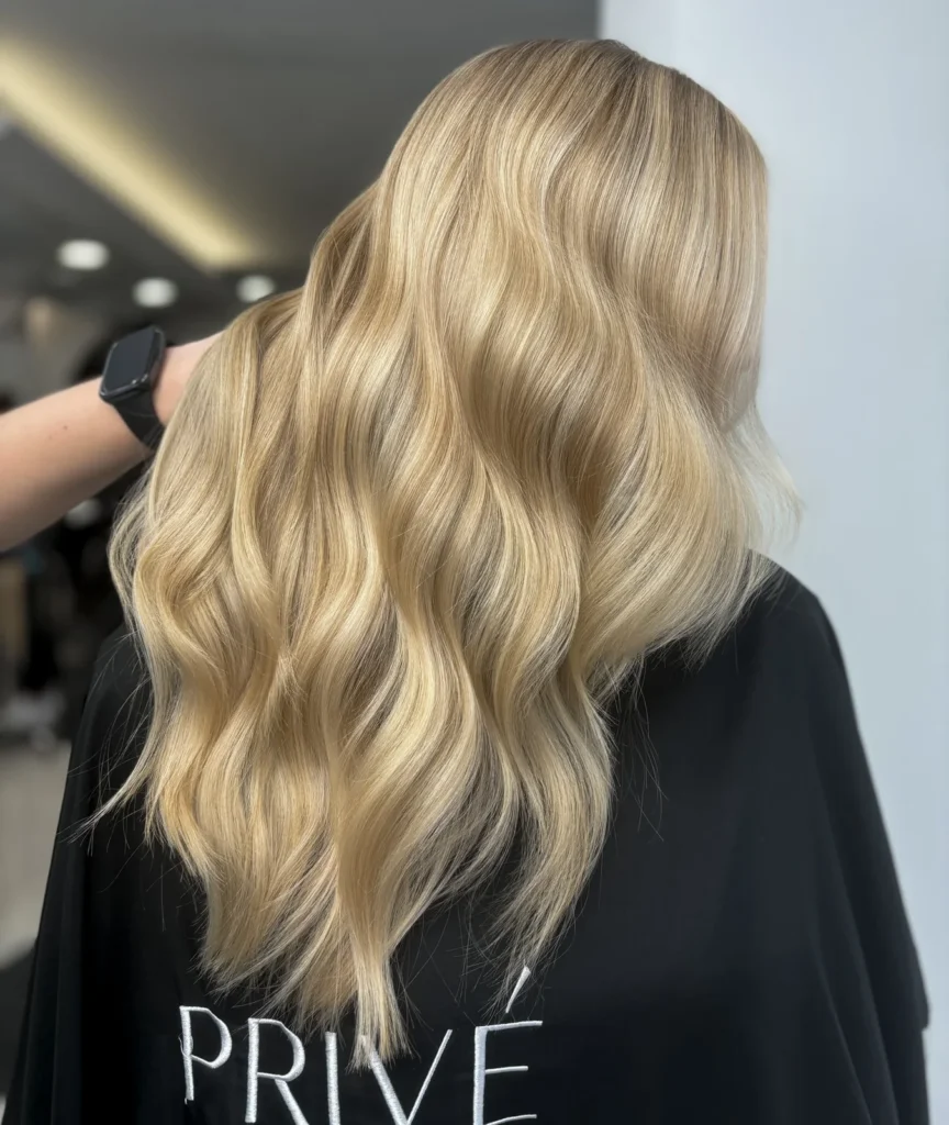 Jasny blond z kremowymi refleksami ułożony w miękkie fale